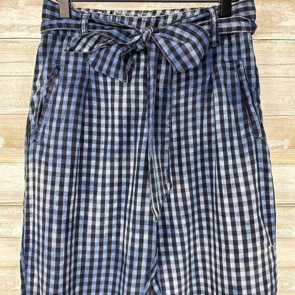 ANTHROPOLOGIE Maeve Avryl Blue Plaid Bleached Slim Paper Bag Pants Size 2 - Picture 3 of 16